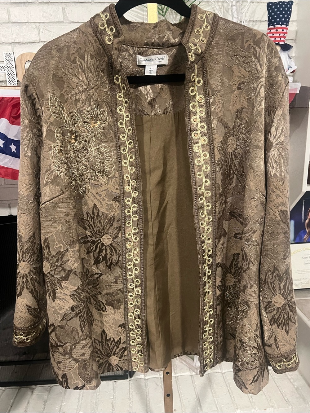Coldwater Creek Brown Floral Embroidered Open Jacket